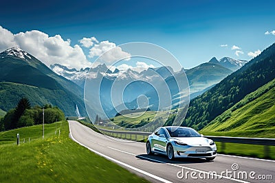 3D rendering of a brand-less generic concept car in the mountains, Electric car driving on a highway in the summer, mountains in Stock Photo