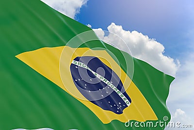 3D rendering of Brazil flag waving on blue sky background Stock Photo