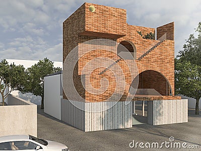 3d rendering brick design box building with tree surrounding Stock Photo