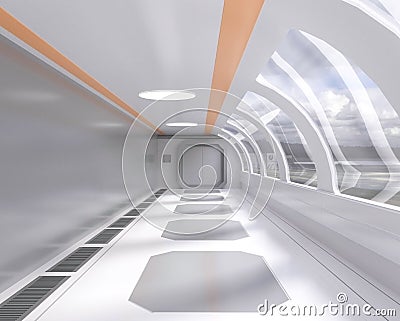 3d rendering bright futuristic tunnel with window and outside view,hallway,spaceship Stock Photo