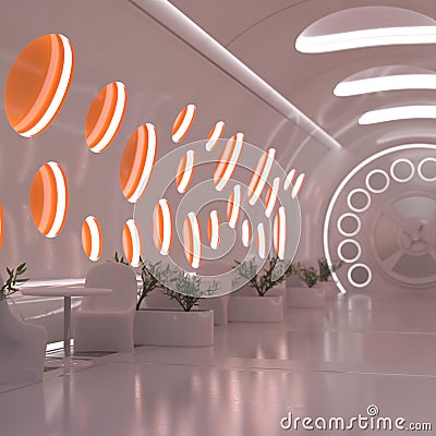 3D-illustration of a bright and light corridor on a scifi spaceship Stock Photo