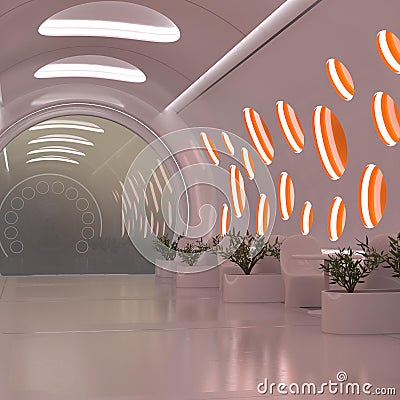 3D-illustration of a bright and light corridor on a scifi spaceship Stock Photo