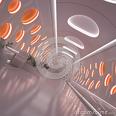 3D-illustration of a bright and light corridor on a scifi spaceship Stock Photo