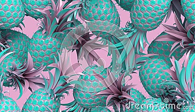 3d rendering of bright tiki style seamless pattern with pineapples. Stock Photo