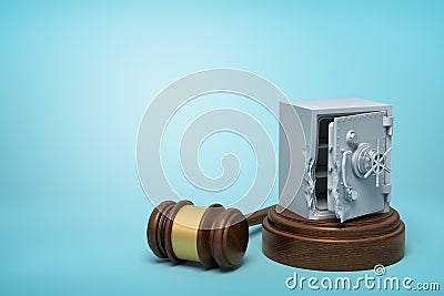 3d rendering of broken damaged metal bank safe on round wooden block and brown wooden gavel on blue background Stock Photo