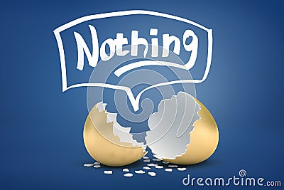 3d rendering of broken golden eggshell with the title `Nothing` above. Stock Photo