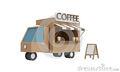 3D Rendering of brown coffee truck isolated on white background. Cartoon Illustration