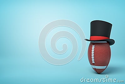 3d rendering of brown oval ball wearing black tophat with much copy space on the rest of light blue background. Stock Photo