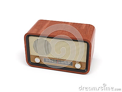 3d rendering of a brown rounded retro style radio receiver with an analogue tuner. Stock Photo