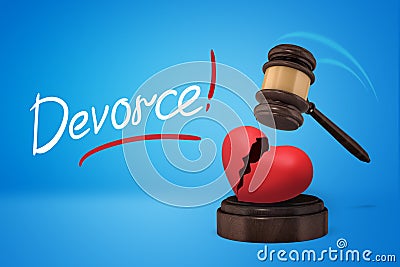 3d rendering of brown wooden gavel breaking red heart on round wooden block into two parts with `DIVORCE` sign on blue Stock Photo