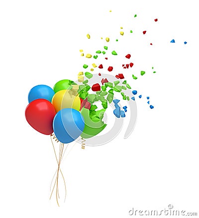 3d rendering of bundle of colorful balloons in the air starting to break into pieces and disappear isolated on white Stock Photo