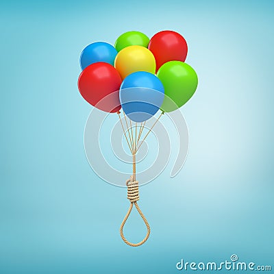3d rendering of a bundle of helium balloons tied to a hangman`s knot on a light-blue background. Stock Photo