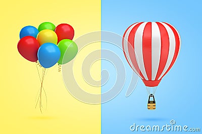 3d rendering of a bundle of multicolored balloons on yellow background on the left and of a hot-air balloon on light Stock Photo