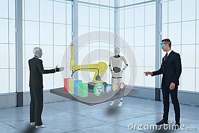 3d rendering business man using virtual mixed augmented reality and discuss with artificial intelligent robot about data in indust Stock Photo