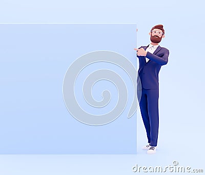 3D rendering Businessman paper or sign isolated on blue, with plenty of copy space. 3D chraracter with blue free frame Cartoon Illustration