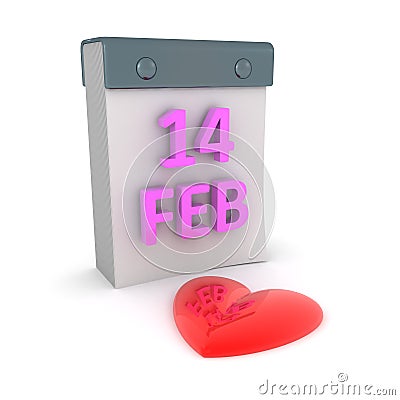 3D Rendering of calendar with valentine`s day date and heart in front Stock Photo