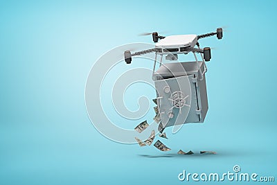 3d rendering of camera drone carrying unlocked light gray money safe, dollar bills falling out, on light blue background Stock Photo