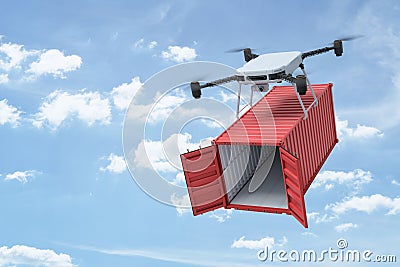 3d rendering of camera quadcopter carrying small open empty red cargo container in blue sky. Stock Photo