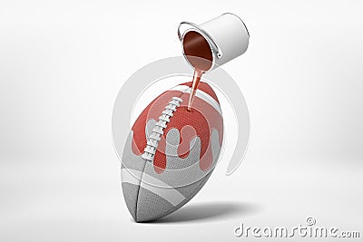 3d rendering of can of paint in the air spilling brown paint over grey oval ball for American football on white Stock Photo