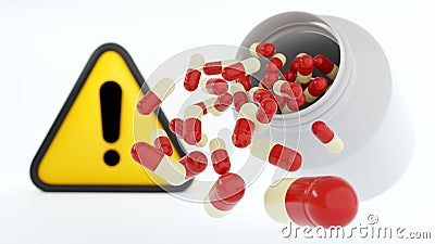 3D rendering of capsule pill out of a bottle with an exclamation mark on white background, Dangerous drugs to health, chemical, Stock Photo