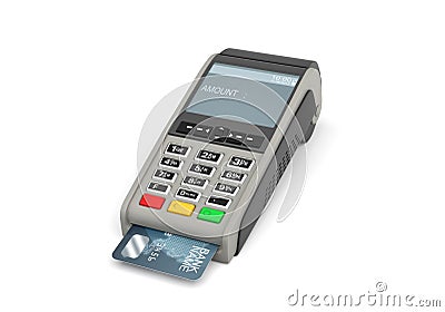 3d rendering of a card payment terminal with a sticking plastic card inside on white background. Stock Photo
