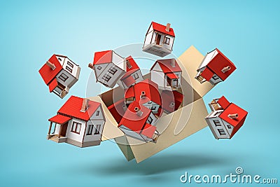3d rendering of cardboard box flying in air full of small detached houses which are flying out from it on light-blue Stock Photo