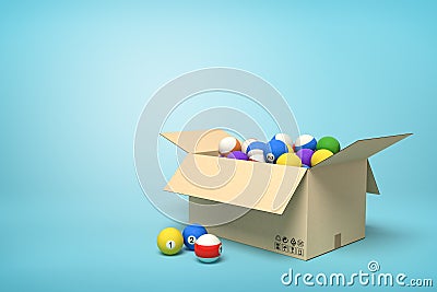 3d rendering of cardboard box full of colorful snooker balls on blue background. Stock Photo