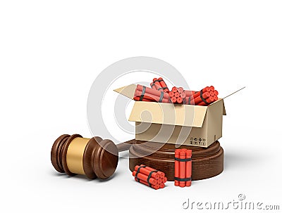 3d rendering of cardboard box full of dynamite standing on sounding block with judge gavel lying beside block. Stock Photo
