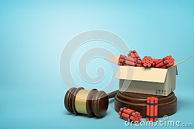 3d rendering of cardboard box full of dynamite standing on sounding block with judge gavel lying beside block on light Stock Photo