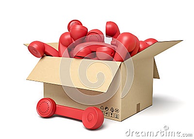 3d rendering of cardboard box full of red landline phone receivers. Stock Photo