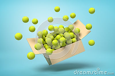 3d rendering of cardboard box full of tennis balls in mid-air on light-blue background. Stock Photo