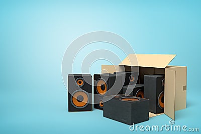 3d rendering of cardboard box lying sidelong with black audio speakers inside and three outside on light-blue background Stock Photo