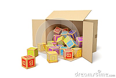 3d rendering of cardboard box lying sidelong full of ABC blocks. Stock Photo