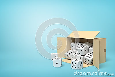 3d rendering of cardboard box lying sidelong full of white dice with black spots on blue background. Stock Photo