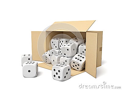 3d rendering of cardboard box lying sidelong full of white dice with black spots. Stock Photo