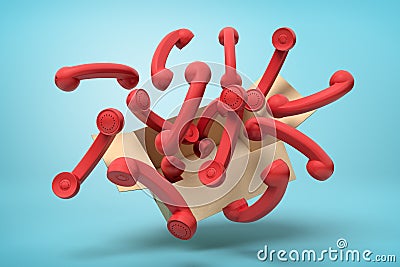 3d rendering of cardboard box suspended in air full of red landline phone receivers which are flying out on light-blue Stock Photo