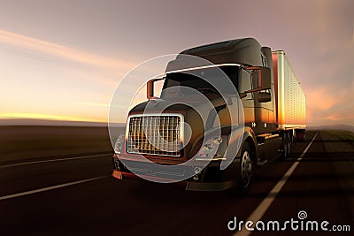 A cargo truck on the road at sunset Stock Photo