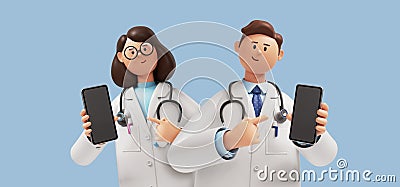 3d rendering. Cartoon character doctors, caucasian man and woman, international team of healthcare professionals isolated on blue Stock Photo