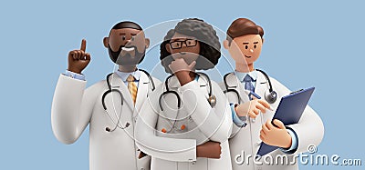 3d rendering, Cartoon character doctors, international team of healthcare professionals isolated on blue background. Medical Stock Photo