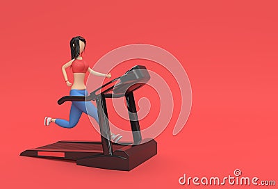 3d Rendering Cartoon Characters Woman Running Treadmill Machine on a Fitness Background Stock Photo