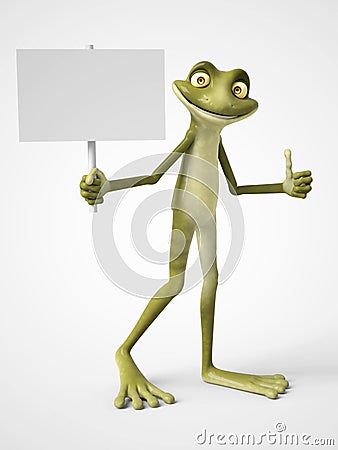 3D rendering of cartoon frog holding blank sign. Stock Photo