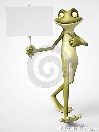 3D rendering of cartoon frog holding blank sign. Stock Photo