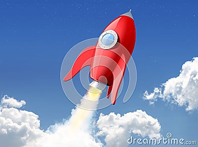 3D rendering of cartoon funny red rocket launching in the clouds. File contains a path to isolation for spaceship. Stock Photo