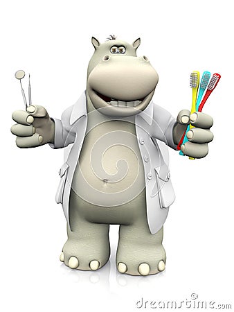 3D rendering of a cartoon hippo dentist holding toothbrushes. Stock Photo