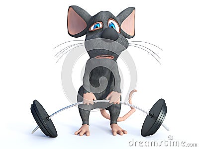 3D rendering of a cartoon mouse doing a workout with a barbell Stock Photo