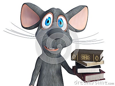 3D rendering of a cartoon mouse holding a pile of books Stock Photo