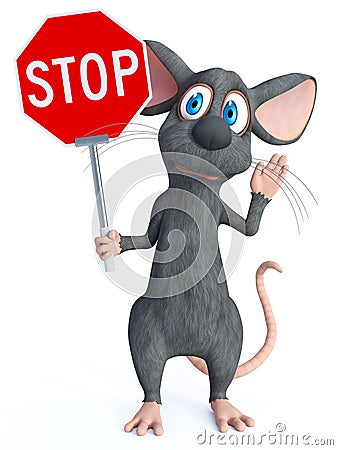 3D rendering of a cartoon mouse holding stop sign Stock Photo