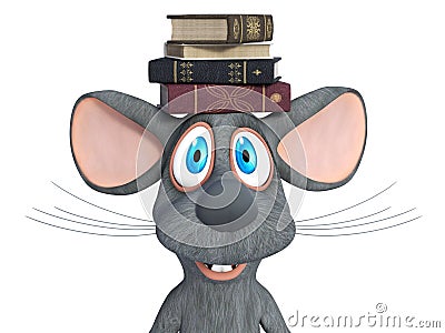 3D rendering of a cartoon mouse with a pile of books on his head Stock Photo
