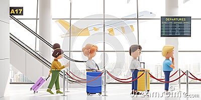 3d rendering. Cartoon people waiting at the airport, registration and flying airplane Cartoon Illustration