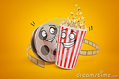 3d rendering of cartoon smiley popcorn bucket and film reel on yellow background Stock Photo